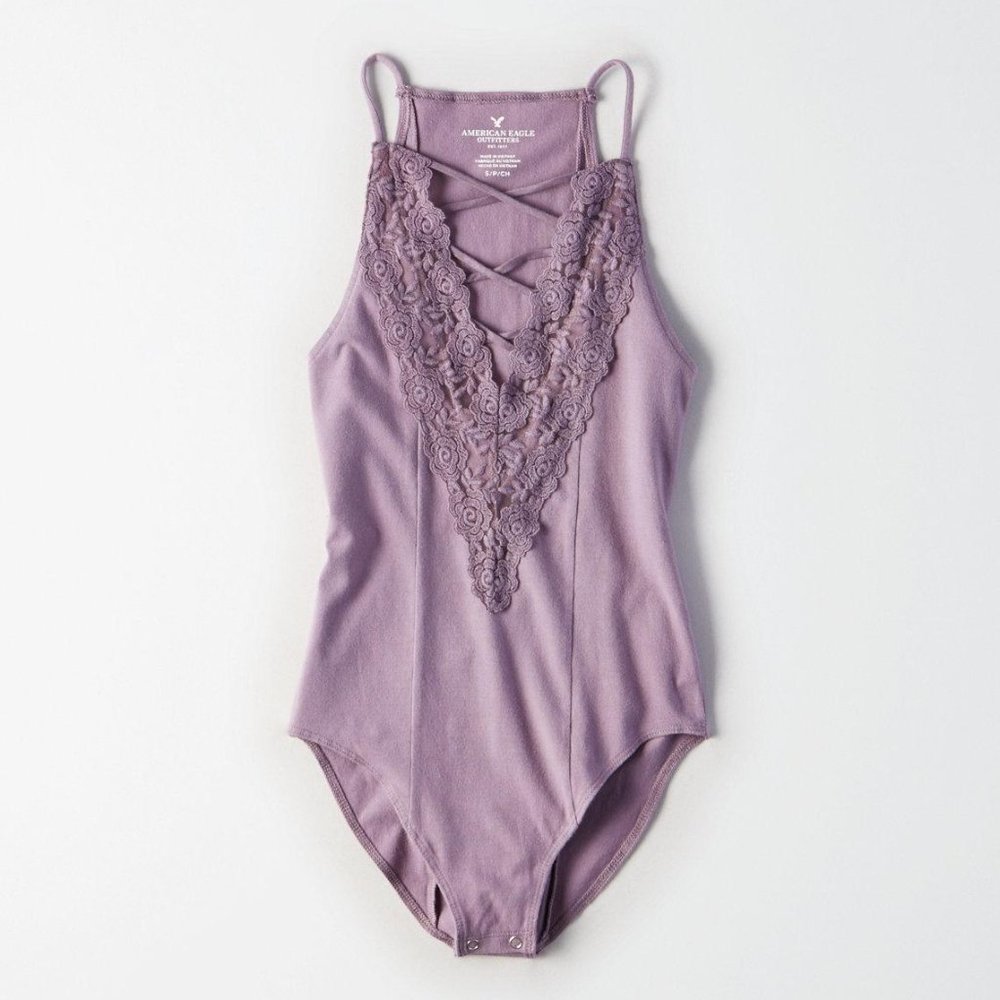AE LACE PANELED BODYSUIT PURPLE